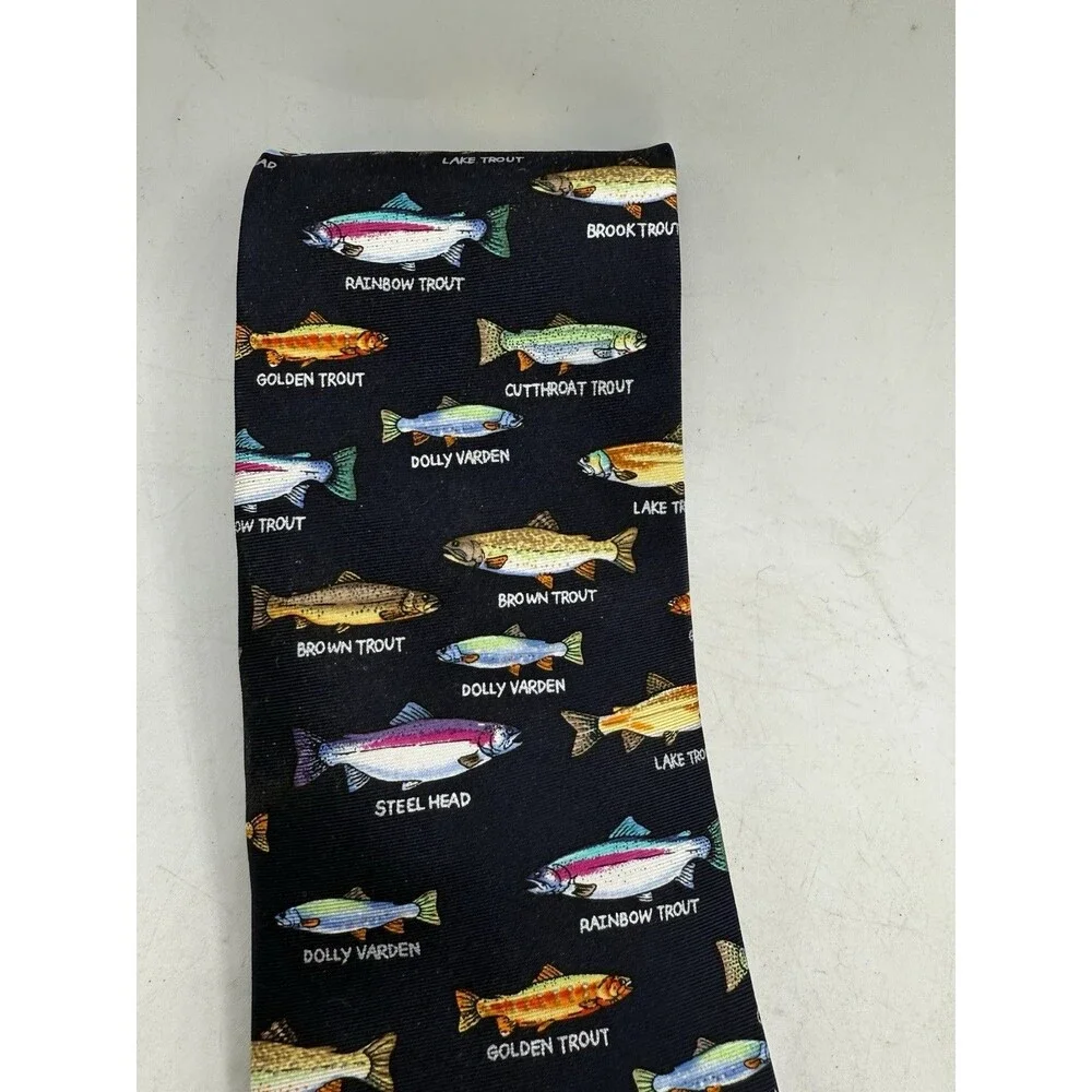 Alynn Neckwear The Trout Family Tie Navy Multicolor Fish 3.25” X 58.5”